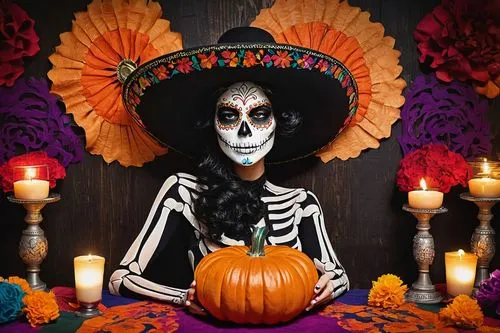 Day of the Dead, festive atmosphere, colorful papel picado, traditional Mexican decorations, ornate altar, vibrant marigolds, sugar skulls, lit candles, carved pumpkins, spooky faces, intricate design