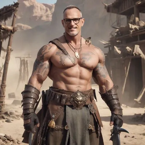 a handsome man, 60 years old, wearing prescription glasses, short hair with receding,barbarian,mad max,half orc,merle black,male character,damme,orc,merle,bane,raider,mercenary,popeye,hercules winner,