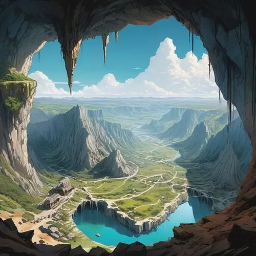 fantasy landscape,skylands,canyon,karst landscape,caverns,alfheim,mountain world,cliffside,futuristic landscape,canyons,caves,valley,cavern,cave on the water,chasm,hinterlands,cavernosum,ravine,landscape background,mountain landscape,Illustration,Paper based,Paper Based 07