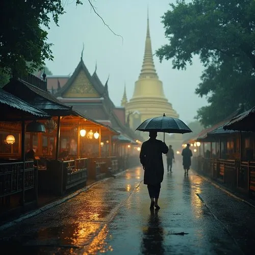 สร้าง+ภาพถ่าย+วัดพระแก้ว+ตอนฝนตก,there is a woman holding an umbrella as she walks down the street,mahabodhi,chiangmai,mandalay,phra,man with umbrella,rattanakiri