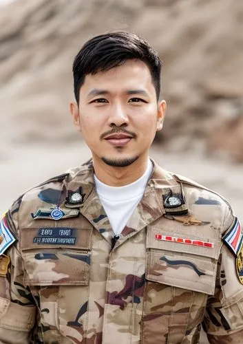 non-commissioned officer,military person,eagle scout,samcheok times editor,social,choi kwang-do,the gobi desert,hon khoi,strong military,saf francisco,amnat charoen,park ranger,desert background,military rank,personnel manager,military officer,in xinjiang,gobi desert,military uniform,military