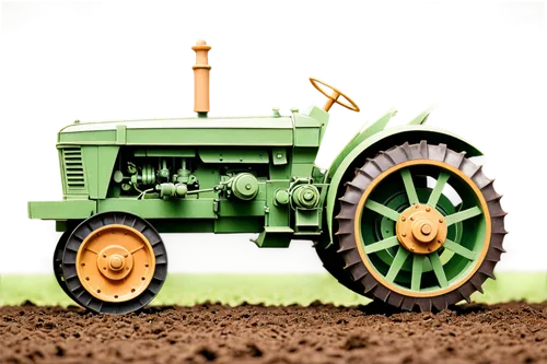 Farm tractor, plough, rural scene, green fields, soil, realistic wheels, metal texture, rusty details, morning light, soft focus, 3/4 composition, shallow depth of field, warm color tone.,an artistic 