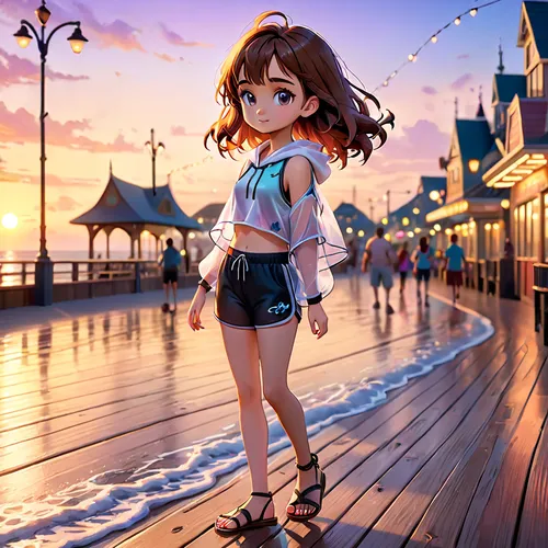 boardwalk,beach background,on the pier,seaside,akko,board walk,miku maekawa,waterfront,summer evening,summer background,seaside resort,dusk background,by the sea,seaside daisy,beach scenery,beach walk,mikuru asahina,seaside country,candy island girl,wooden pier,Anime,Anime,Cartoon