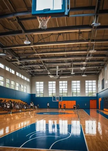 Modern charter high school, architecture and design, glass facade, steel structure, angular lines, vibrant colors, basketball court, wooden flooring, hoops, nets, scoreboard, athletic uniforms, sneake