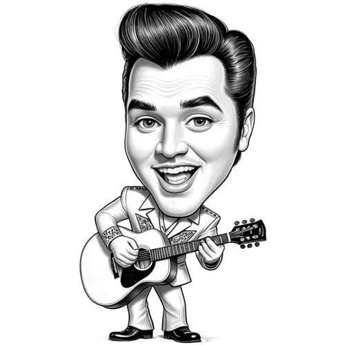 pencil drawing style  Julius Leblanc Stewart Caricature style drawing of a celebrity, big head, small body, exaggerated facial expressions. A 3D animated character resembling Elvis Presley, wearing a 