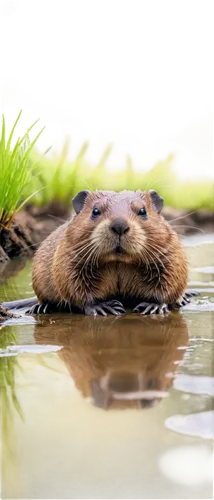 Beaver, semi-aquatic rodent, brown fur, flat tail, whiskers, wet eyes, shiny coat, muddy paws, water plants, riverbank, sunny day, soft focus, 3/4 composition, shallow depth of field, warm color tone,