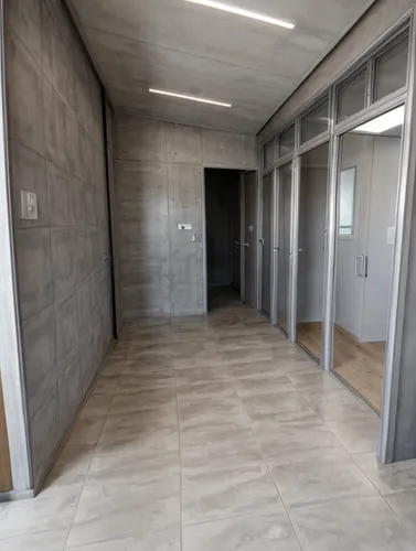 white walls, light grey concrete floor tiles,hallway space,wall completion,concrete ceiling,walk-in closet,tile flooring,exposed concrete,sliding door,hallway,structural plaster,recessed,core renovati