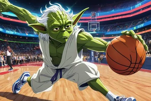 Yoda, old wise Jedi Master, muscular athletic build, green skin, long ears, white hair, wispy beard, intense focused eyes, wearing NBA jersey, basketball shorts, sneakers, holding basketball, slam dun