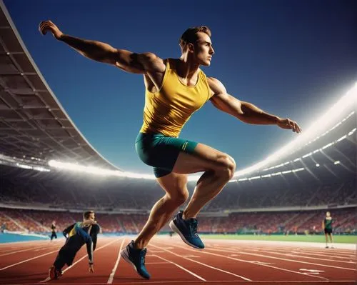 Modern stadium, Olympic arena, athletic track, evening time, golden hour, floodlights, vibrant colored seats, sleek metal beams, glass façade, majestic entrance, muscular male athlete, sporty wear, dy