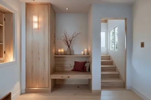 this is a house with wooden stairs, and two vases of candles,,hallway space,wooden stairs,wooden stair railing,mudroom,outside staircase,limewood,Photography,General,Realistic