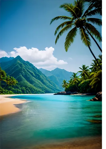 Beautiful scenery, vibrant colors, serene atmosphere, majestic mountains, misty valleys, turquoise lakes, sandy beaches, coconut trees, swaying palms, warm sunlight, soft focus, shallow depth of field