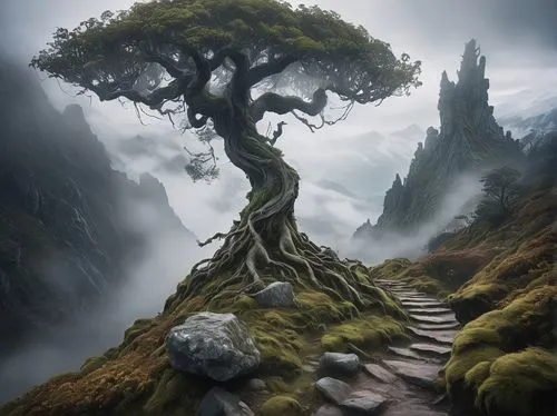 Misty mountain landscape, Lord of the Rings style, Middle-earth, rugged terrain, snow-capped peaks, ancient forests, twisted tree roots, overgrown with vines, worn stone paths, mystical fog, soft warm