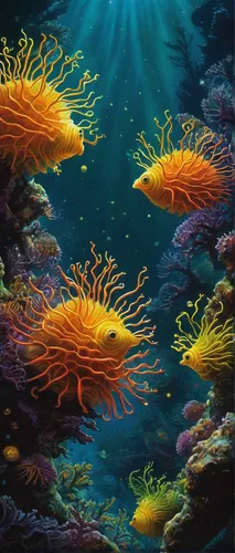 underwater landscape,coral reef,coral reef fish,underwater background,amphiprion,coral fish,anemone fish,yellow anemone,sea life underwater,coral reefs,sea animals,sea anemones,school of fish,aquarium inhabitants,underwater fish,anemones,porcupine fishes,marine fish,red anemones,marine diversity,Illustration,Realistic Fantasy,Realistic Fantasy 04