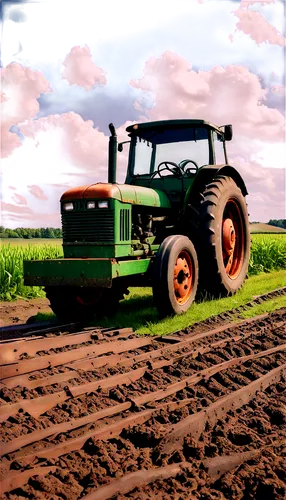 Rustic tractor, plowing tool, worn metal surface, rusty wheel, old-fashioned design, rural setting, green fields, sunny day, low-angle shot, dramatic clouds, cinematic lighting, shallow depth of field