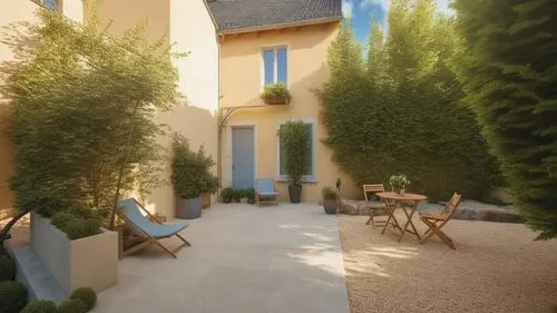 Ajouter contre la facade de la maison une pergola en bois,there is a house with very big windows in the back yard,3d rendering,provencal,provencal life,provencale,bastides,courtyard,Photography,Genera