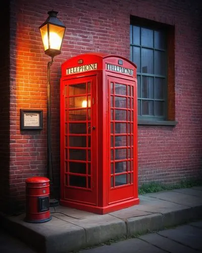 复古电话亭旧报纸红砖墙煤油灯,two telephone booths sitting on a sidewalk beside a light,phone booth,payphone,telephones,telephone,dialtone,telephonic,Illustration,Retro,Retro 04