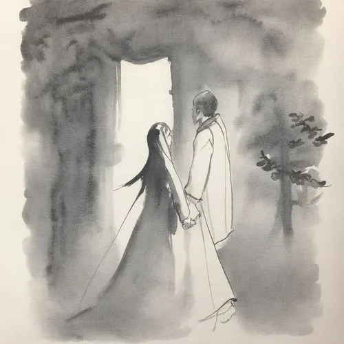 feel safe when you are here,a drawing of a woman walking with a man and dog in the fog,visitation,vintage couple silhouette,lanckorona,mourners,couple silhouette,melian,Illustration,Paper based,Paper 