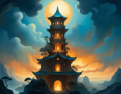 molten forest by dali and escher in quicksilver and ferrofuid splashes, Minimalism in a Negative Artistic Space,a tall tower with stairs and lights on it,stone pagoda,oriental lantern,pagodas,garrison