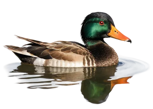 Wild duck, adult, swimming, natural habitat, green feathers, orange beak, webbed feet, rippling water, sunny day, soft focus, shallow depth of field, warm color tone, cinematic lighting, slight blur e