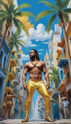 the painting shows a man in gold clothes standing on a street,botero,zangief,agrabah,mahabali,haggar,sagat