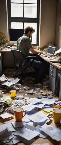 Modern office, architectural design, documentation waste, agile development, messy workspace, papers scattered, empty coffee cups, broken pens, crumpled up blueprints, torn sticky notes, overflowing t