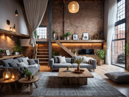 гостиная в стиле лофт,a rustic living room with brick walls and stairs,loft,lofts,rustic aesthetic,apartment lounge,living room,home interior,Photography,General,Realistic