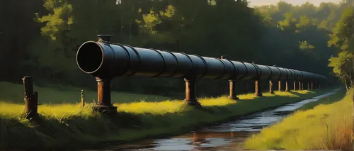 Describe a peaceful countryside scene with a flowing pipe.,alaska pipeline,pipelines,pipeline transport,tank cars,iron pipe,industrial tubes,oil barrels,pipeline,steel pipe,oil tank,sewer pipes,gas pi