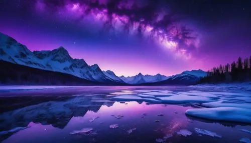 The purple sky and stars are reflected on the frozen lake, magical sparkling lake, Purple beautiful sky, Magnificent background, purple omnious sky, magical colors and atmosphere, Purple sky, glowing 