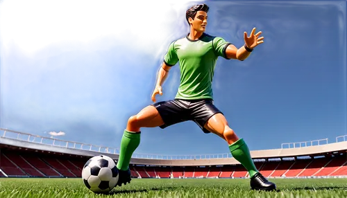 Stadium, daytime, sunny sky, green grass, soccer field, players in action, dynamic pose, athletic male, muscular legs, strong calves, sporty clothes, shin guards, cleats, soccer ball, goal net, refere