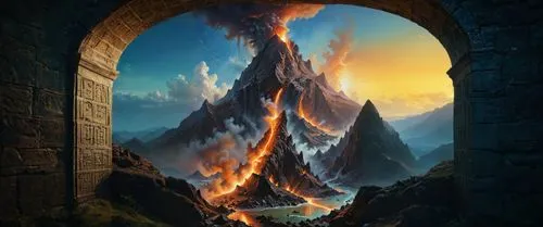 erebor,fire background,fantasy picture,fire mountain,fire in the mountains,pillar of fire