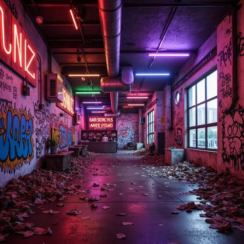 Vibrant neon lights, bold graffiti murals, eclectic mix of textures, distressed finishes, fragmented forms, playful use of materials, irregular shapes, abstract patterns, clashing colors, irreverent a