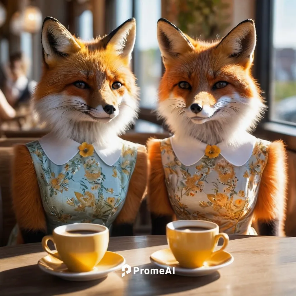 summer sunny day two foxes in dresses sitting in a cafe with a cup of coffee rays of sunshine,foxes,teatime,fox cookies,tea time,tea zen,cuppa,afternoon tea,cute fox,foxxx,foxxy,suiters,a cup of tea,f