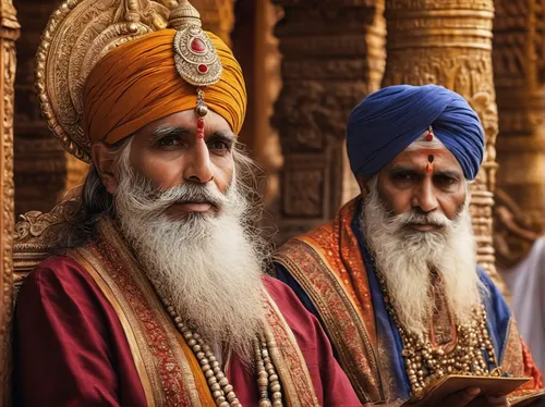 Write a poetic description of a pagri adorned by a wise and honorable elder in a peaceful temple.,sadhus,sikh,indian sadhu,three wise men,sadhu,turban,the three wise men,wise men,indians,prayer wheels