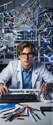 Futuristic laboratory, AI image creator, solo male researcher, 30s, messy short hair, black-rimmed glasses, white lab coat, pockets full of pens and papers, intense facial expression, fingers flying a