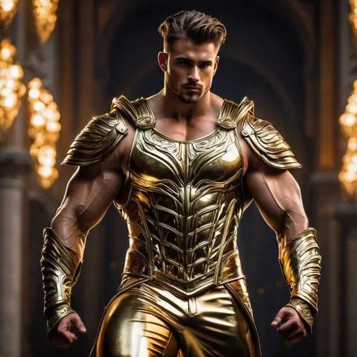 Ganymede, wearing a gold metal vest, gold metal pants, and gold metal boots, with powerful muscles, insanely handsome, he looks to be in his early 20s,a man with metal armor is standing in front of a 