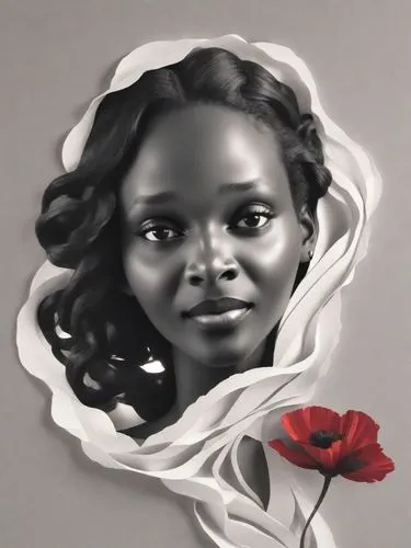 A stunning grayscale portrait of a BLACK woman smiling with cascading wavy hair that frames her delicate face. A brilliant red poppy flower adds a vibrant contrast, nestled in her tresses. Her gaze is