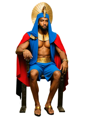 Egyptian Pharaoh, ancient ruler, gold headdress, blue and gold collar, black beard, brown skin, muscular build, ornate sceptre, red and gold cloak, sandals, sitting on throne, powerful posture, dramat