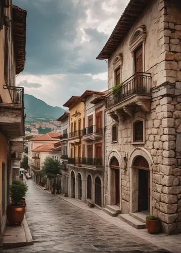 Traditional Albanian architecture, historic building, stone walls, wooden doors, intricate carvings, Ottoman Empire influence, Balkan Peninsula style, ornate facades, narrow streets, old town, Tirana 