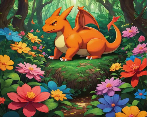 charizard,forest dragon,springtime background,spring background,flower background,flower animal,picking flowers,april fools day background,cynorhodon,pokemon,forest animal,floral greeting,flora,pokémon,climbing flower,flower painting,blooming field,floral background,spring nest,springtime,Illustration,Paper based,Paper Based 27