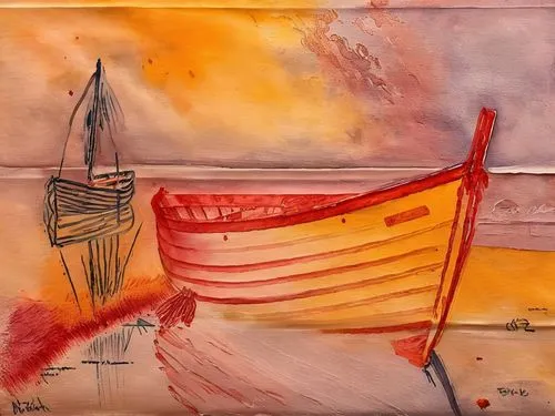 coble,sailing orange,red sail,scarlet sail,boat landscape,lifeboat,Illustration,Paper based,Paper Based 24