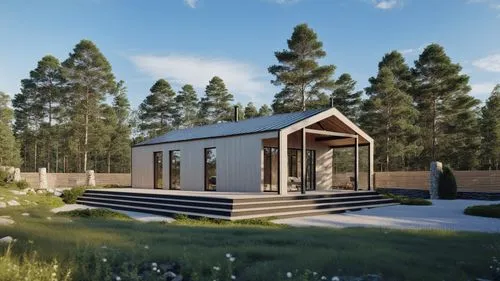 a small house on top of grass in front of trees,small cabin,inverted cottage,3d rendering,arkitekter,timber house,render,Photography,General,Realistic