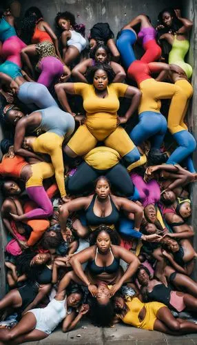 Photography of a big and massively group of african women in spandex bodies, piled on top of each other in a big mess in the limited space. In front of the women is a dark concrete doorway from which 