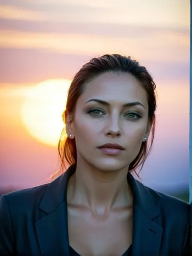 A beautiful woman.,beautiful woman in business attire standing at the sunset,eretria,alsou,bussiness woman,woman thinking,imbruglia,sarikaya,Illustration,American Style,American Style 08