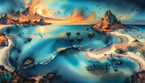 a painting of a beautiful beach with the moon rising,badland,fantasy landscape,cartoon video game background,volcanic landscape,lava river,underwater landscape,Illustration,Realistic Fantasy,Realistic