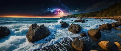 monocerotis,sea storm,fantasy picture,tidal wave,lightning storm,meteor,torngat,erupt,bioluminescence,dragonstone,tsunami,nibiru,bioluminescent,force of nature,firefall,alien world,elemental,dark beach,alien planet,long exposure