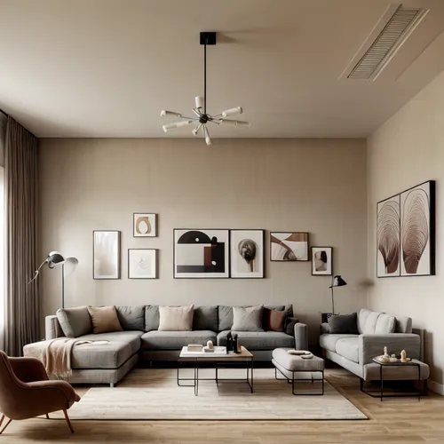 contemporary living room with neutral and warm colors, wooden toy elephant in the foreground, large sofa with cushions and a blanket, coffee table with vases on top, marble side table and black metal 