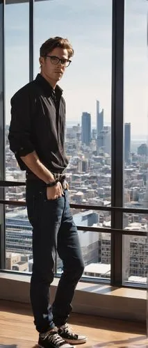 Architectural designer II, male, 30s, glasses, messy brown hair, black shirt, rolled-up sleeves, dark jeans, leather belt, modern sneakers, holding a large blueprint, standing in front of a city skysc