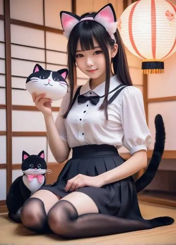 Kawaii girl, cat ears headband, whiskers, pink nose, cat tail plug, white blouse, black skirt, stockings, Mary Jane shoes, holding a cat plushie, sitting, Japanese-style room, tatami mats, shoji scree