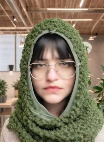 a woman in glasses is wearing a green hood,babushka,babushka doll,bundled,harness cocoon,photosynthesize,scarf animal,Photography,Realistic