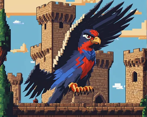 Craft a thrilling action scene where a skilled falconer hunts with a trained falco peregrinus in a medieval castle.,pixel art,stadium falcon,perico,bird kingdom,scarlet macaw,bird png,rosella,falco pe